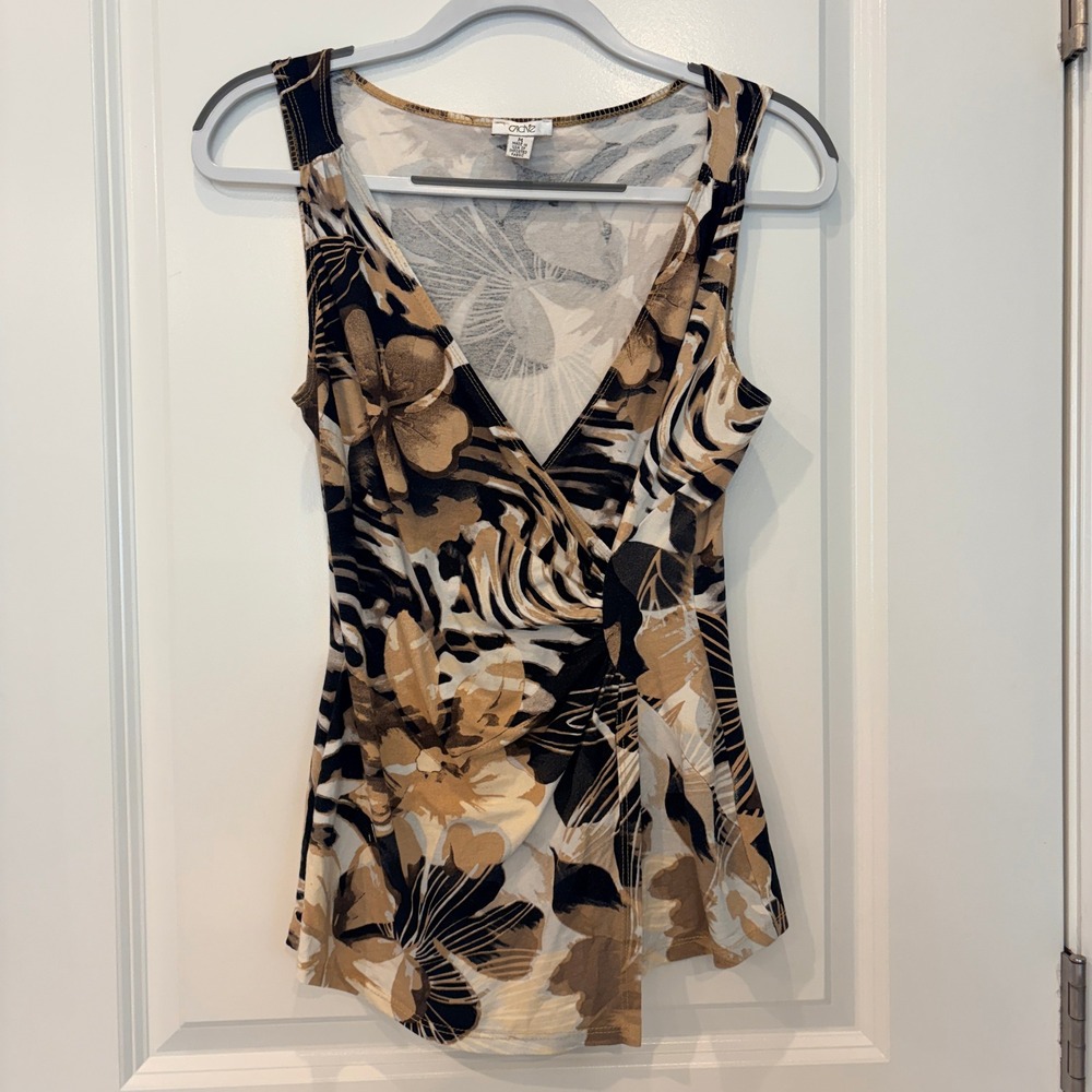 Vtg Cache Sleeveless Top Medium Brown Floral Surplice V-Neck Blouse